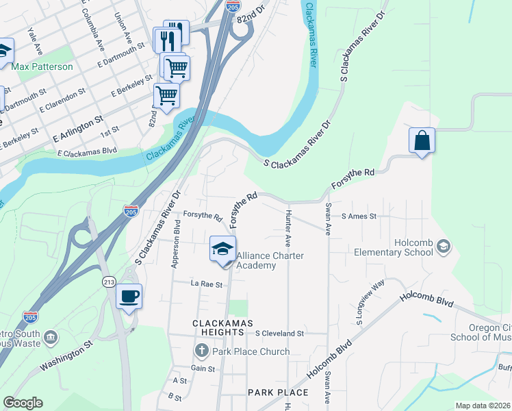 map of restaurants, bars, coffee shops, grocery stores, and more near 14110 Thurman Street in Oregon City