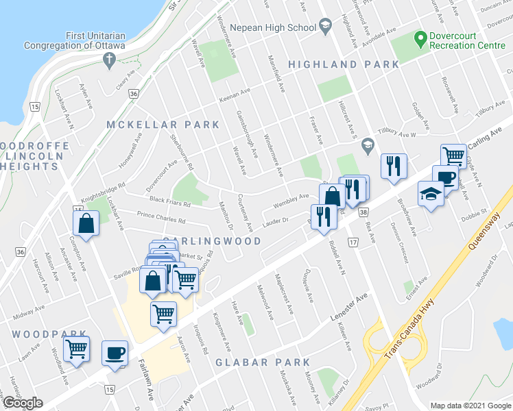 map of restaurants, bars, coffee shops, grocery stores, and more near 1939 Wembley Avenue in Ottawa