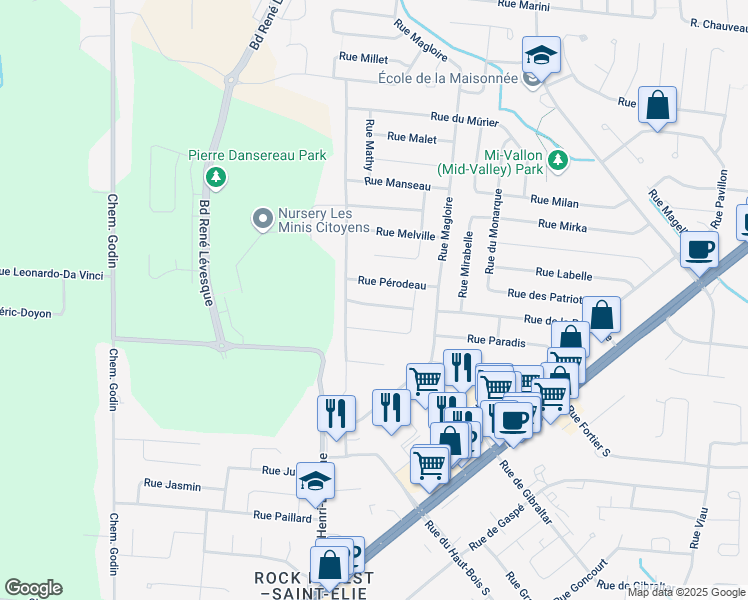 map of restaurants, bars, coffee shops, grocery stores, and more near 1563 Rue Plamondon in Sherbrooke