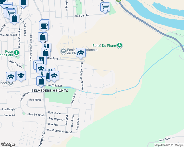 map of restaurants, bars, coffee shops, grocery stores, and more near 500 Rue Des Oiseaux-de-Neige in Sherbrooke