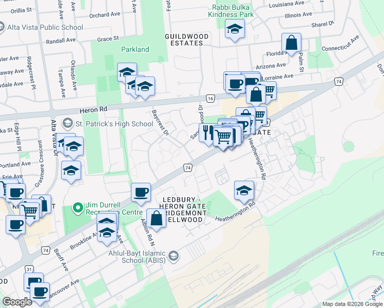 map of restaurants, bars, coffee shops, grocery stores, and more near 2895 Baycrest Drive in Ottawa