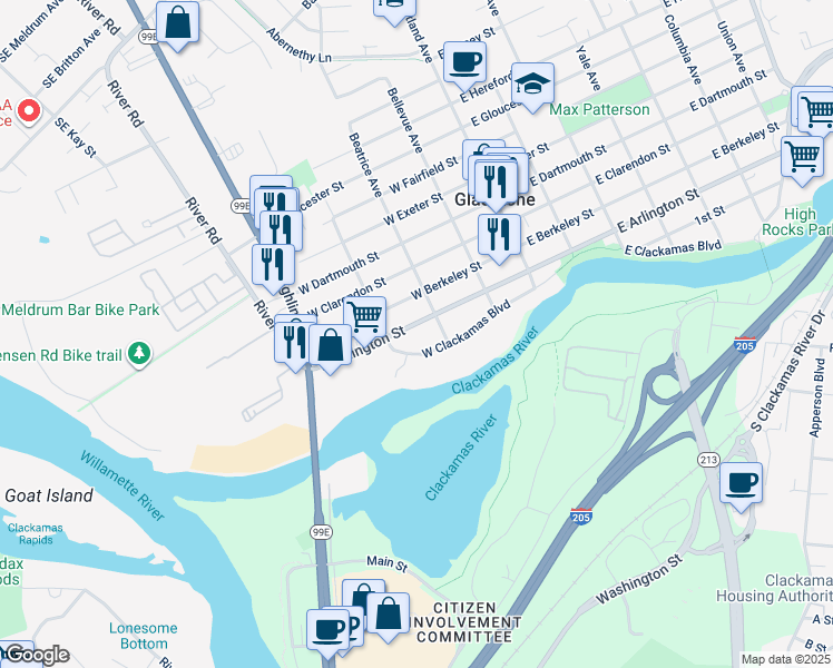 map of restaurants, bars, coffee shops, grocery stores, and more near 345 West Arlington Street in Gladstone
