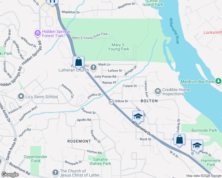 map of restaurants, bars, coffee shops, grocery stores, and more near 2700 Underhill Lane in West Linn
