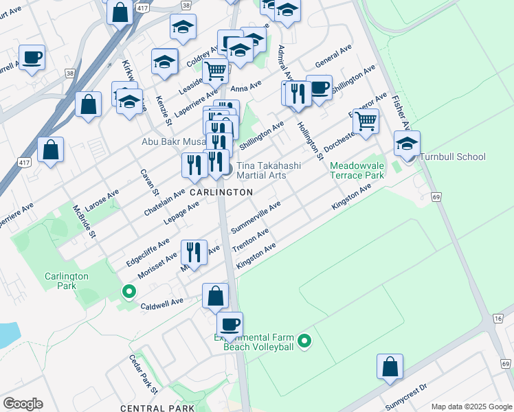 map of restaurants, bars, coffee shops, grocery stores, and more near 1063 Prince Street in Ottawa