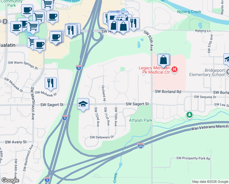 map of restaurants, bars, coffee shops, grocery stores, and more near 19733 Southwest 68th Avenue in Tualatin