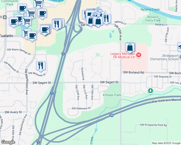 map of restaurants, bars, coffee shops, grocery stores, and more near 19737 Southwest 68th Avenue in Tualatin