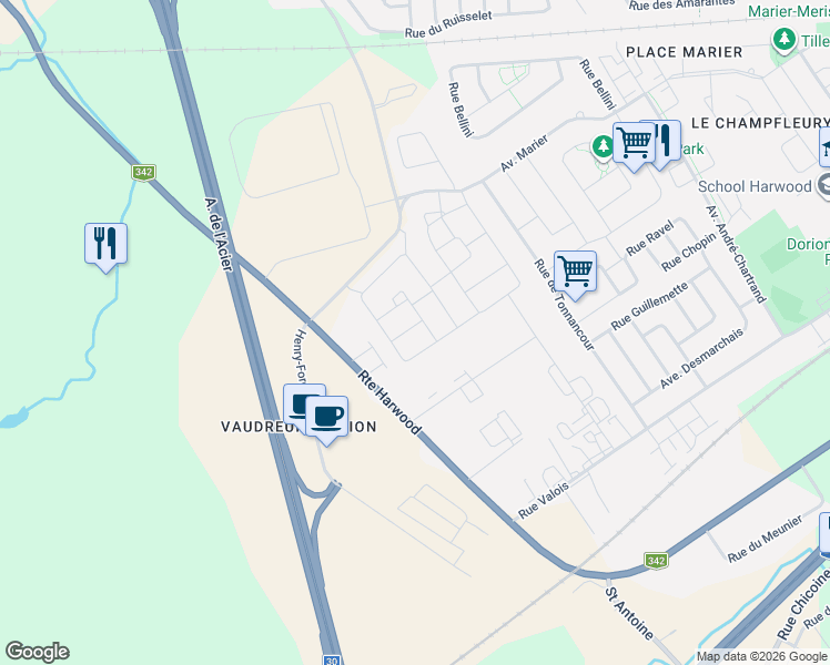 map of restaurants, bars, coffee shops, grocery stores, and more near 117 Rue Claude-Vivier in Vaudreuil-Dorion