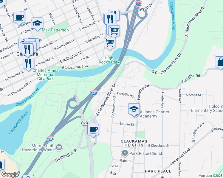 map of restaurants, bars, coffee shops, grocery stores, and more near 13801 Forsythe Road in Oregon City