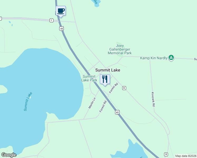 map of restaurants, bars, coffee shops, grocery stores, and more near N9577 U.S. 45 in Summit Lake