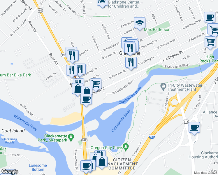 map of restaurants, bars, coffee shops, grocery stores, and more near 347 West Arlington Street in Gladstone