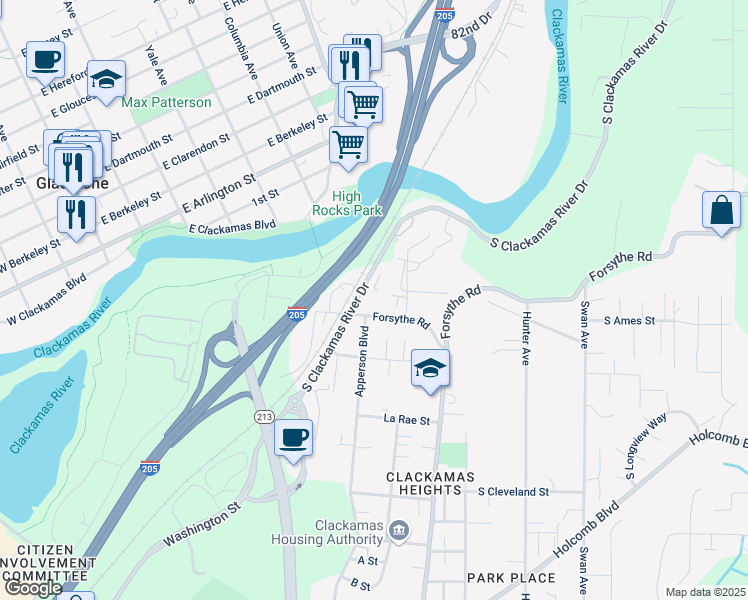 map of restaurants, bars, coffee shops, grocery stores, and more near 13150 Clackamas River Drive in Oregon City