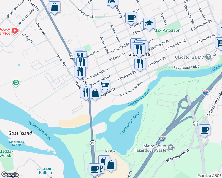 map of restaurants, bars, coffee shops, grocery stores, and more near 390 West Arlington Street in Gladstone