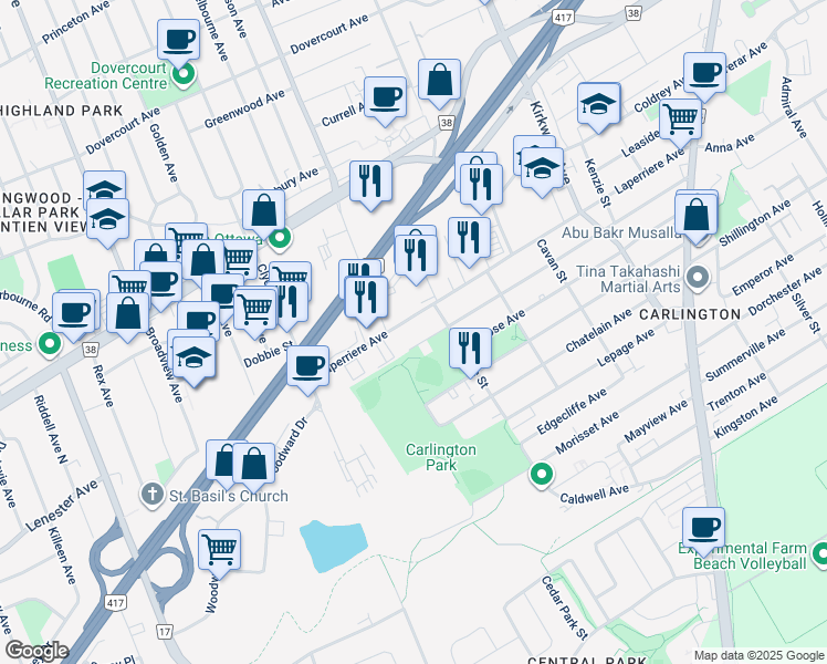 map of restaurants, bars, coffee shops, grocery stores, and more near 1550 Laperriere Avenue in Ottawa