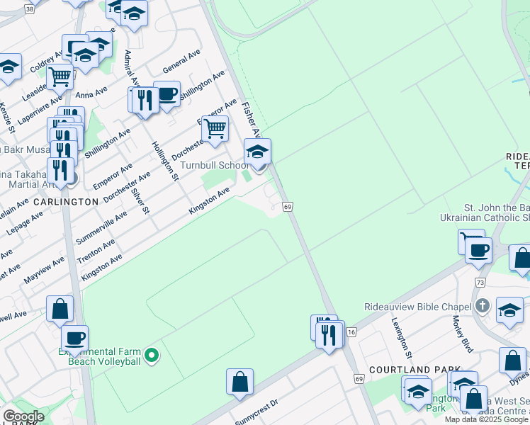 map of restaurants, bars, coffee shops, grocery stores, and more near 1170 Fisher Avenue in Ottawa