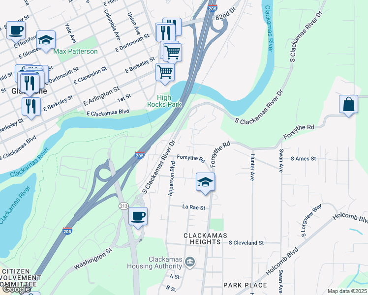 map of restaurants, bars, coffee shops, grocery stores, and more near 13150 Clackamas River Drive in Oregon City