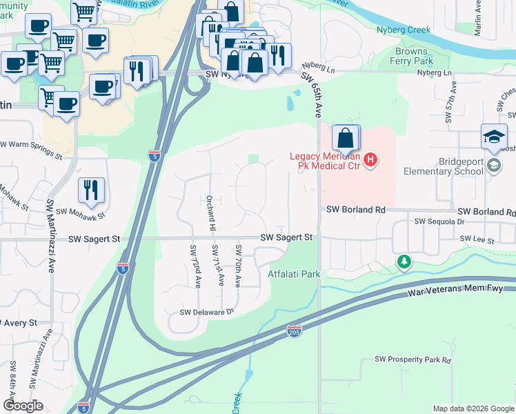 map of restaurants, bars, coffee shops, grocery stores, and more near 19787 Southwest 67th Avenue in Tualatin