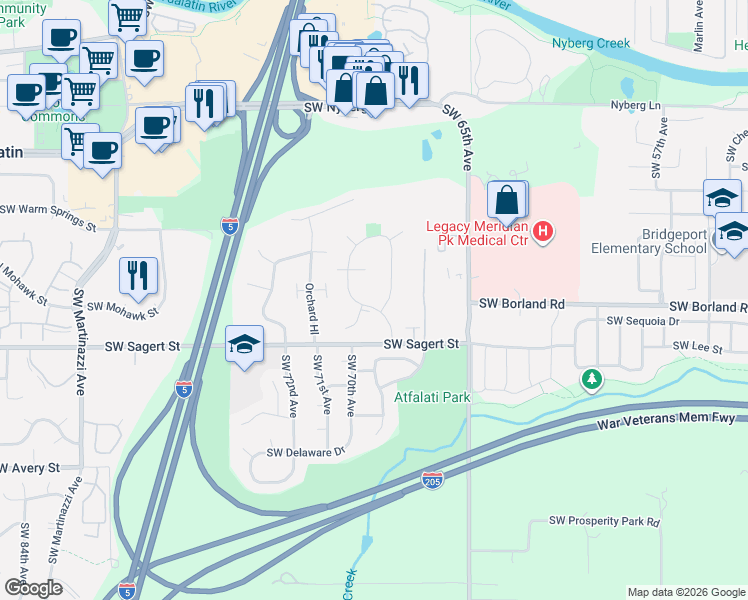 map of restaurants, bars, coffee shops, grocery stores, and more near 19803 Southwest 68th Avenue in Tualatin