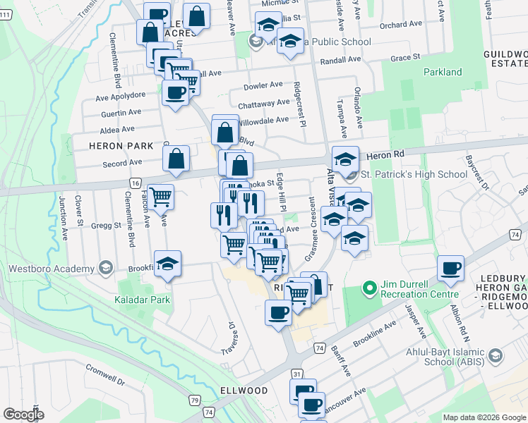 map of restaurants, bars, coffee shops, grocery stores, and more near 1225 Ridgemont Avenue in Ottawa