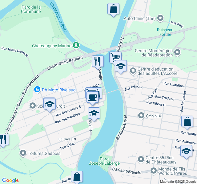 map of restaurants, bars, coffee shops, grocery stores, and more near 5 Rue Taylor in Châteauguay