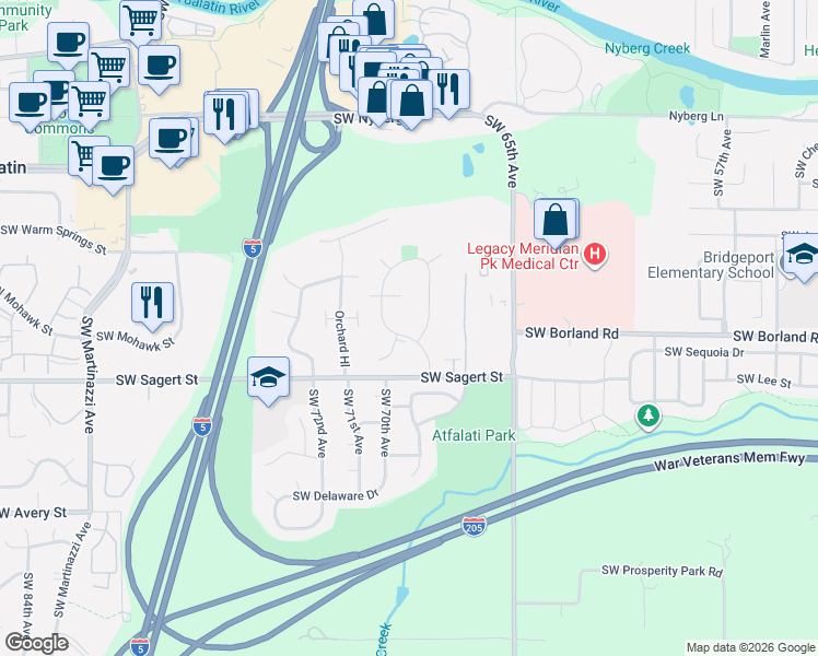 map of restaurants, bars, coffee shops, grocery stores, and more near 19778 Southwest 68th Avenue in Tualatin
