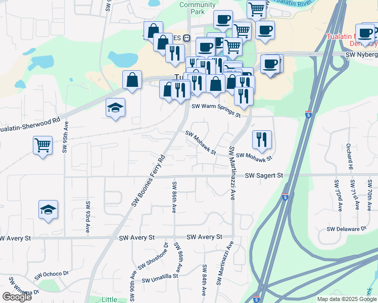 map of restaurants, bars, coffee shops, grocery stores, and more near 8438 Southwest Mohawk Street in Tualatin