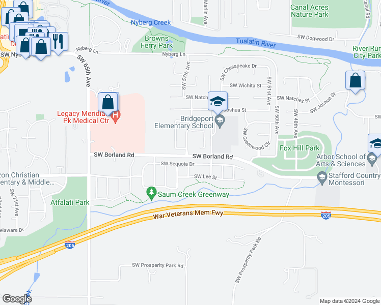 map of restaurants, bars, coffee shops, grocery stores, and more near 19800 Southwest 57th Avenue in Tualatin