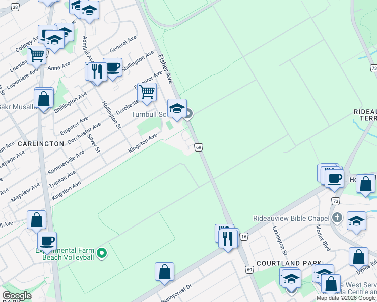 map of restaurants, bars, coffee shops, grocery stores, and more near 1170 Fisher Avenue in Ottawa