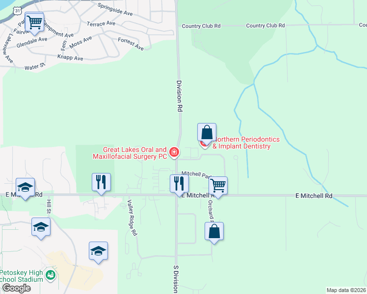 map of restaurants, bars, coffee shops, grocery stores, and more near 2225 Summit Park Drive in Petoskey
