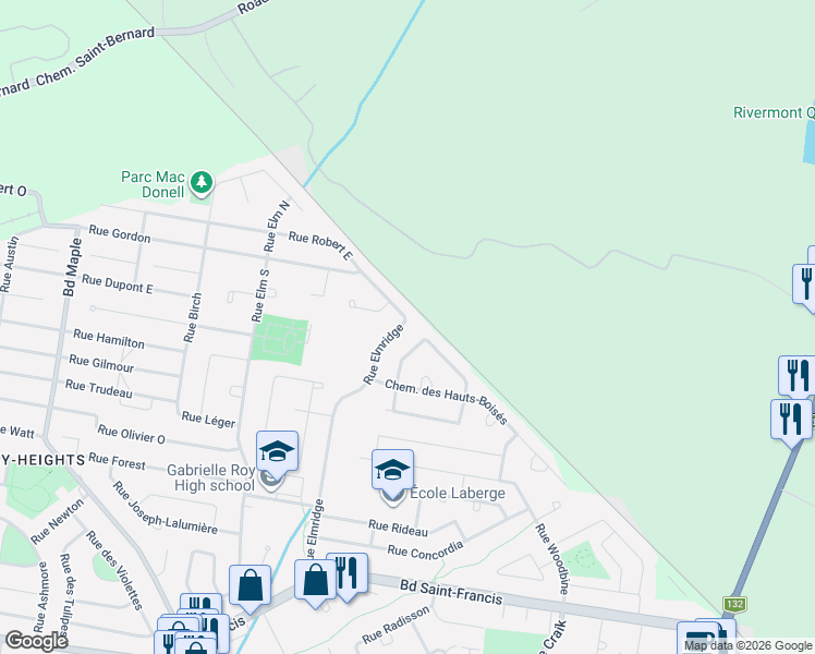 map of restaurants, bars, coffee shops, grocery stores, and more near 216 Rue Elmridge in Châteauguay