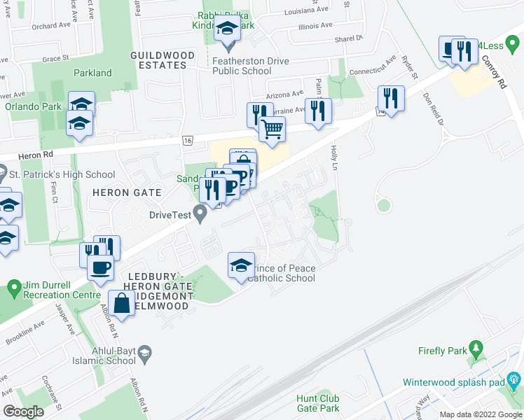 map of restaurants, bars, coffee shops, grocery stores, and more near 2912 Fairlea Crescent in Ottawa