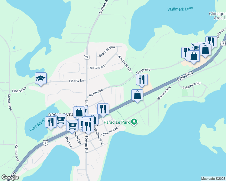 map of restaurants, bars, coffee shops, grocery stores, and more near 29647 North Court in Chisago City