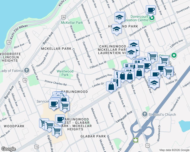 map of restaurants, bars, coffee shops, grocery stores, and more near in Ottawa