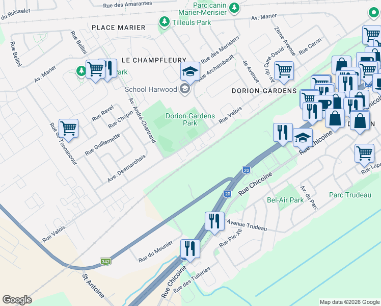 map of restaurants, bars, coffee shops, grocery stores, and more near 692 Rue Valois in Vaudreuil-Dorion