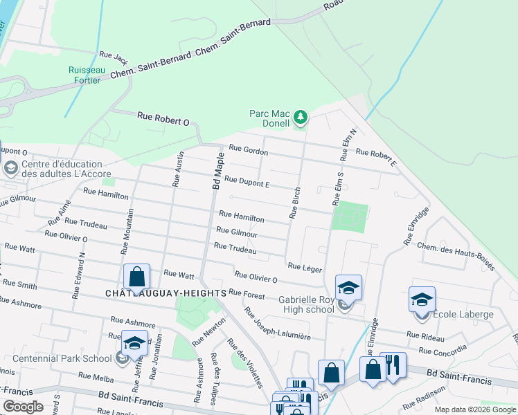 map of restaurants, bars, coffee shops, grocery stores, and more near 170 Rue Carlyle Est in Châteauguay