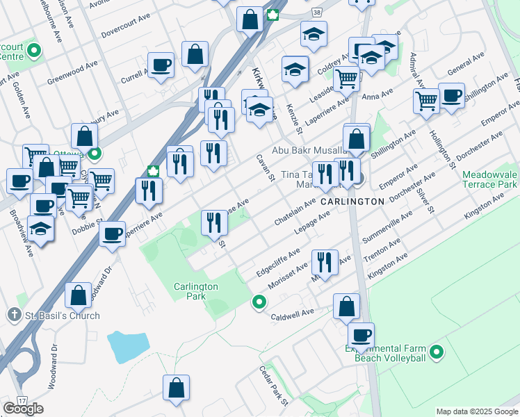 map of restaurants, bars, coffee shops, grocery stores, and more near 1457 Raven Avenue in Ottawa