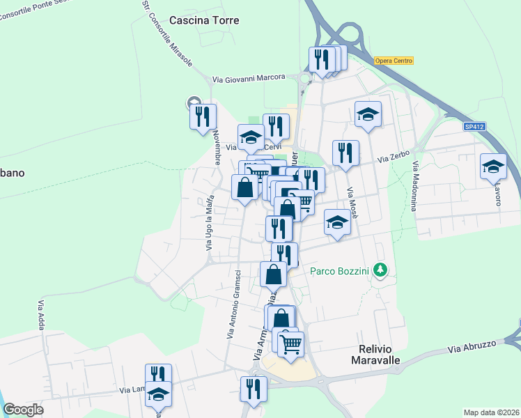 map of restaurants, bars, coffee shops, grocery stores, and more near 4 Via Resistenza in Opera