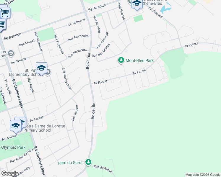map of restaurants, bars, coffee shops, grocery stores, and more near 18 Rue Mont Bleu in Pincourt