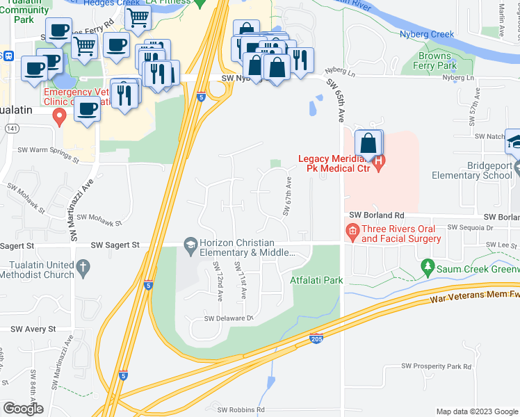 map of restaurants, bars, coffee shops, grocery stores, and more near 19707 Southwest 68th Avenue in Tualatin