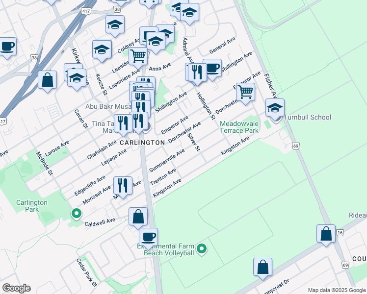 map of restaurants, bars, coffee shops, grocery stores, and more near in Ottawa
