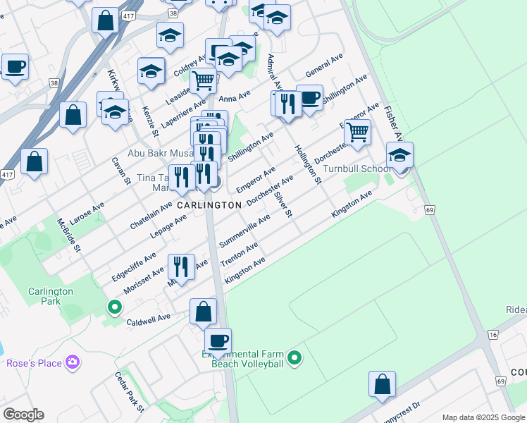 map of restaurants, bars, coffee shops, grocery stores, and more near in Ottawa