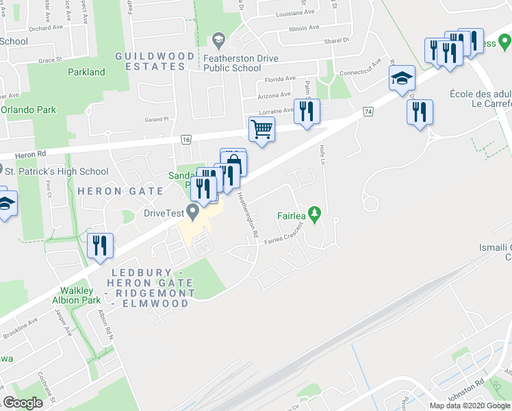 map of restaurants, bars, coffee shops, grocery stores, and more near 2912 Fairlea Crescent in Ottawa