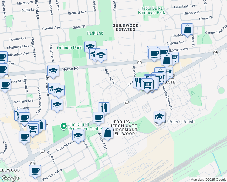 map of restaurants, bars, coffee shops, grocery stores, and more near 2805 Cedarwood Drive in Ottawa