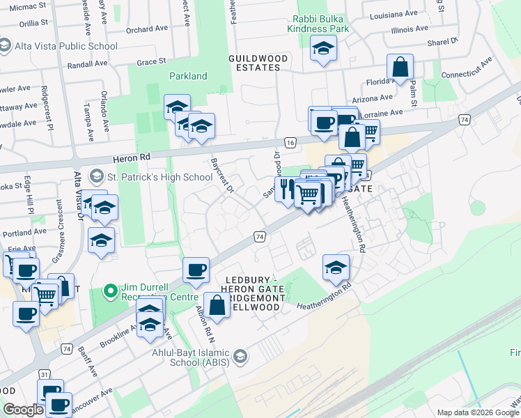 map of restaurants, bars, coffee shops, grocery stores, and more near 2881 Baycrest Drive in Ottawa