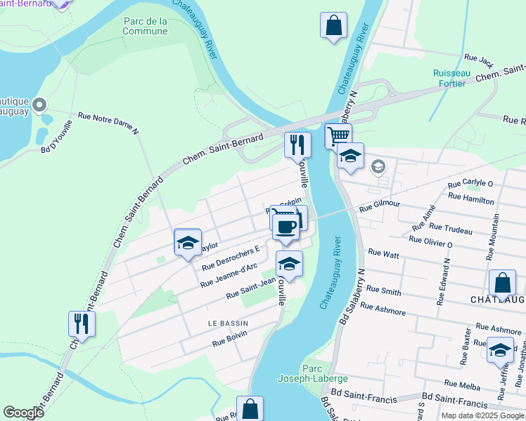 map of restaurants, bars, coffee shops, grocery stores, and more near 25 Rue Crépin in Châteauguay