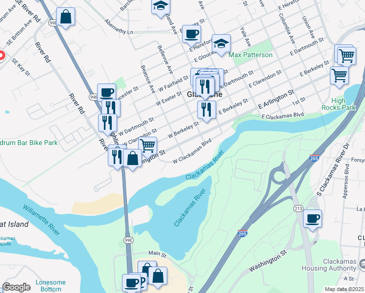 map of restaurants, bars, coffee shops, grocery stores, and more near 295 West Arlington Street in Gladstone