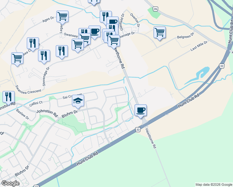 map of restaurants, bars, coffee shops, grocery stores, and more near 176 Hunterswood Crescent in Ottawa