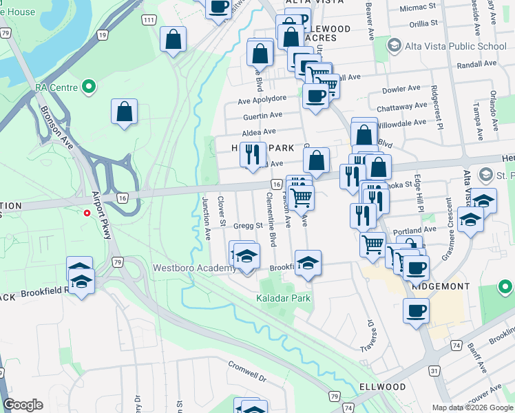 map of restaurants, bars, coffee shops, grocery stores, and more near 2427 Avenue du Chasseur in Ottawa