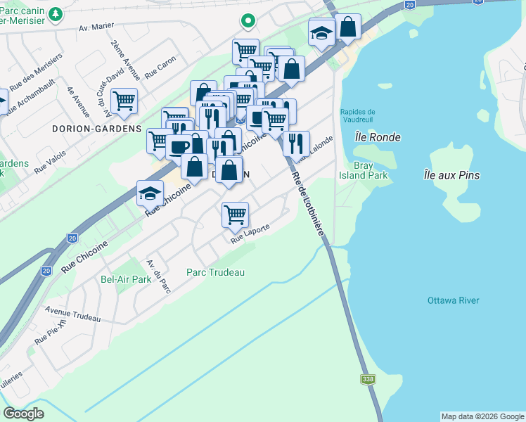 map of restaurants, bars, coffee shops, grocery stores, and more near 348 Rue Émond in Vaudreuil-Dorion