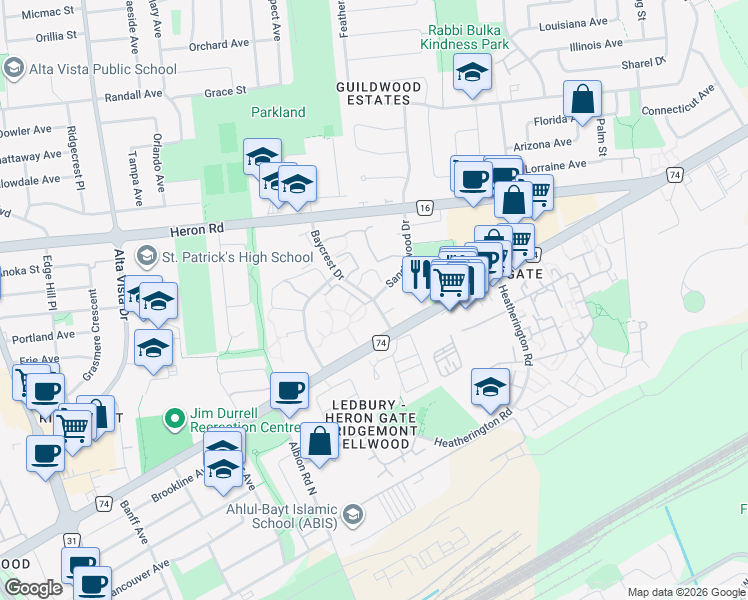 map of restaurants, bars, coffee shops, grocery stores, and more near 2898 Baycrest Drive in Ottawa