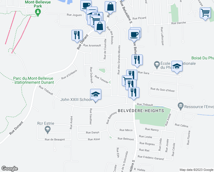 map of restaurants, bars, coffee shops, grocery stores, and more near 800 Rue Tessier in Sherbrooke